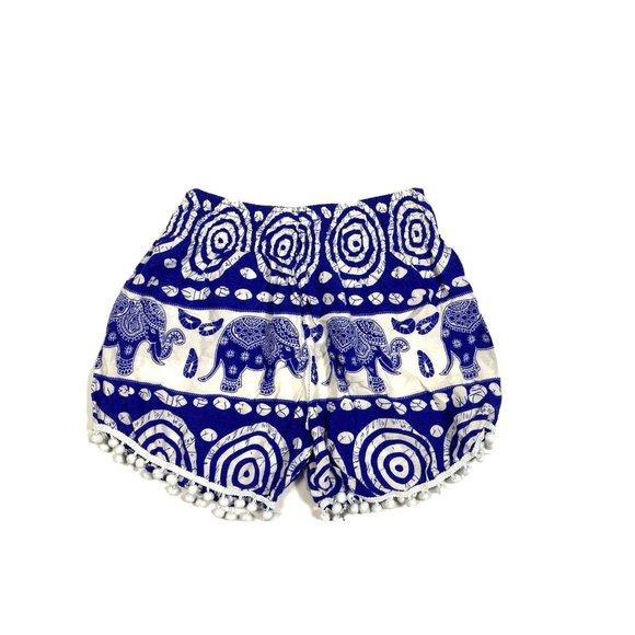 Womens Blue White Pompom Hem Shorts Lounge Casual Elephants Boho XS Print Tribal